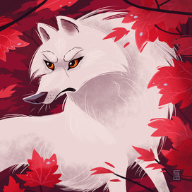Белый волк в красном лесу