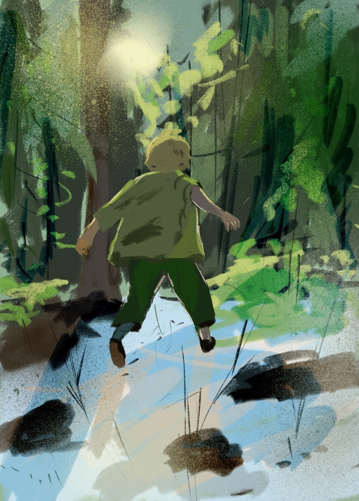 Иллюстрация весеннего леса и бегущего ребенка