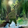 Иллюстрация весеннего леса и бегущего ребенка