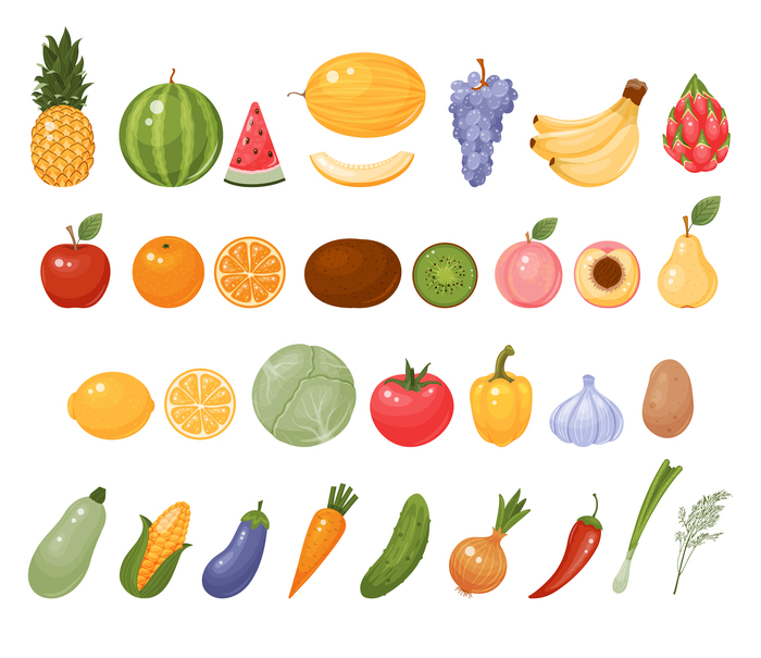 Набор фруктов и овощей в стиле картун.